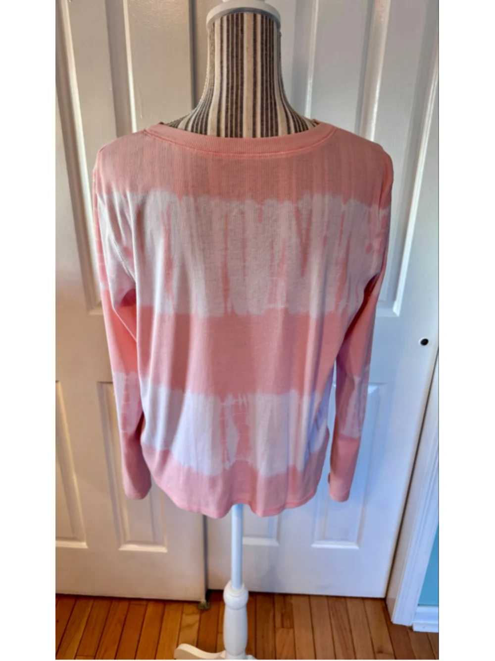 Justice 14-16 Long Sleeve Tie-Front Ribbed Tee, Peach-Pink and White